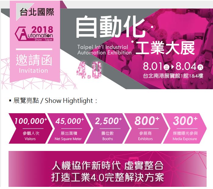 8/1(三)~8/4(六) 我們在2018自動化工業大展台北國際